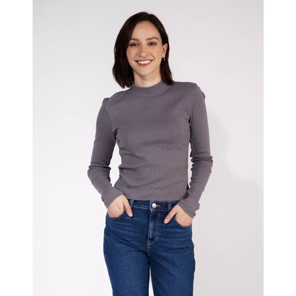 AE Long-Sleeve Mock Neck T-Shirt Women's Washed Black XS